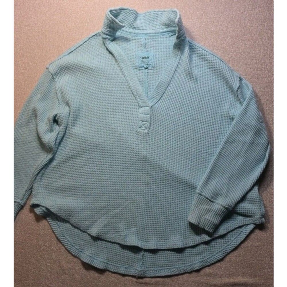 Aerie Waffle Knit Sweater Top Aqua Blue Oversized Polo V Neck Womens Size M